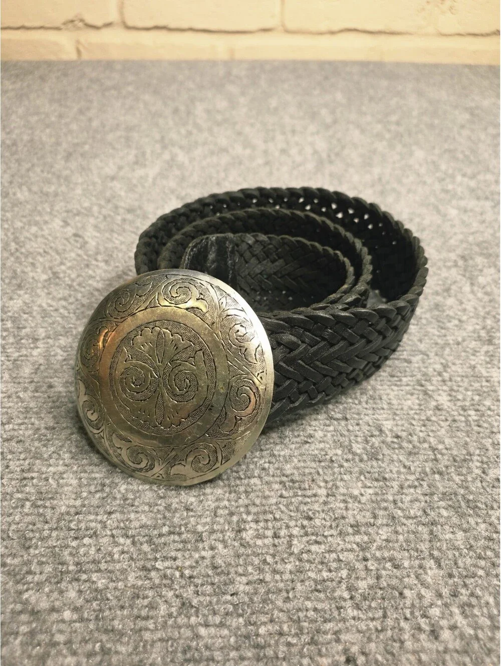 Vtg Morocco Braided Leather Belt Ornate Engraved Silver Medallion Buckle M/L